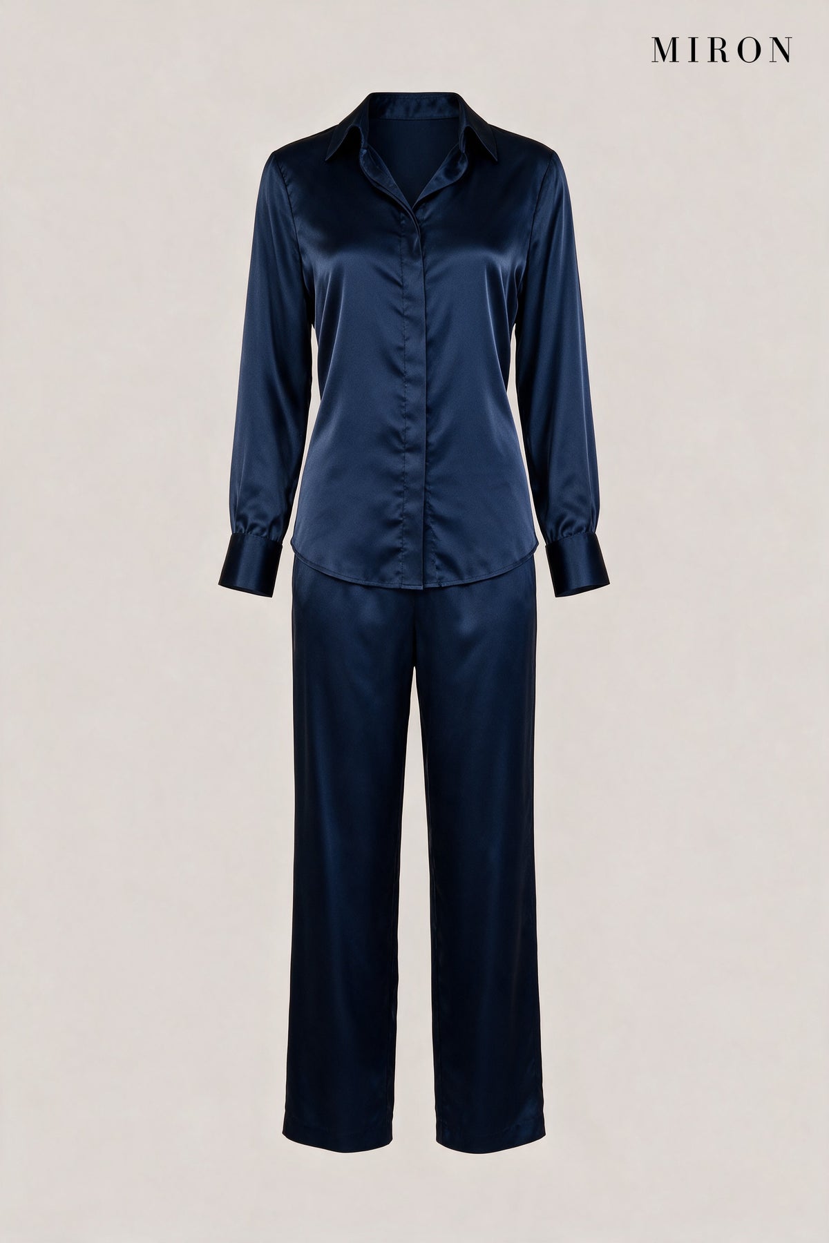 Navy Satin Lace-Back Shirt & Trouser Set – front view