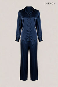 Navy Satin Lace-Back Shirt & Trouser Set – front view
