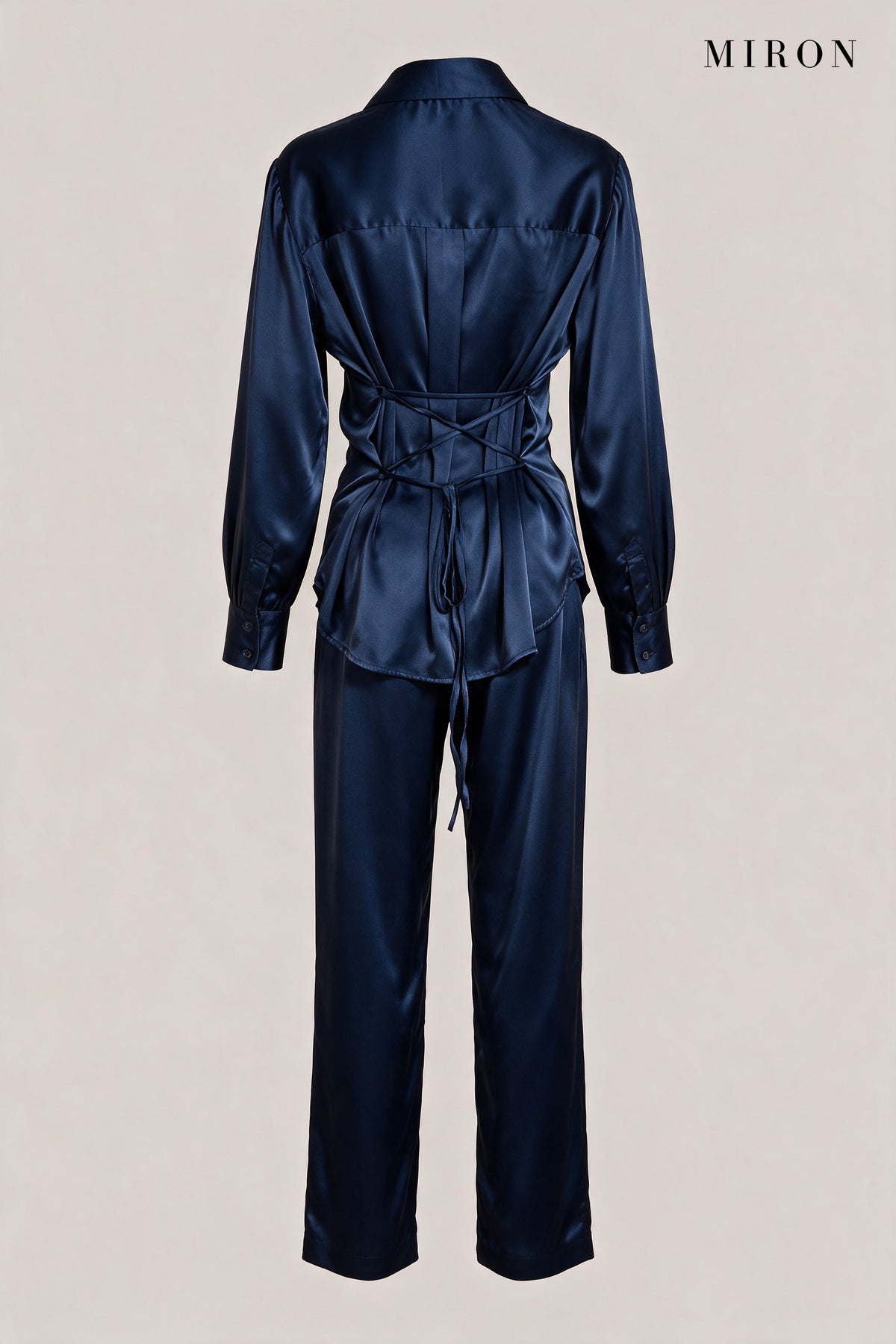 Navy Satin Lace-Back Shirt & Trouser Set – back view