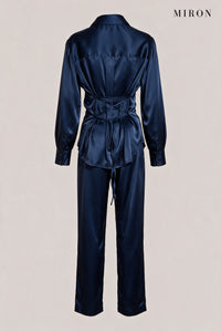 Navy Satin Lace-Back Shirt & Trouser Set – back view