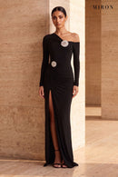 Black Crystal Brooch Off-Shoulder Gown – worn by model, travertine setting