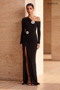 Black Crystal Brooch Off-Shoulder Gown – worn by model, travertine setting