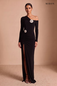 Black Crystal Brooch Off-Shoulder Gown – studio, front