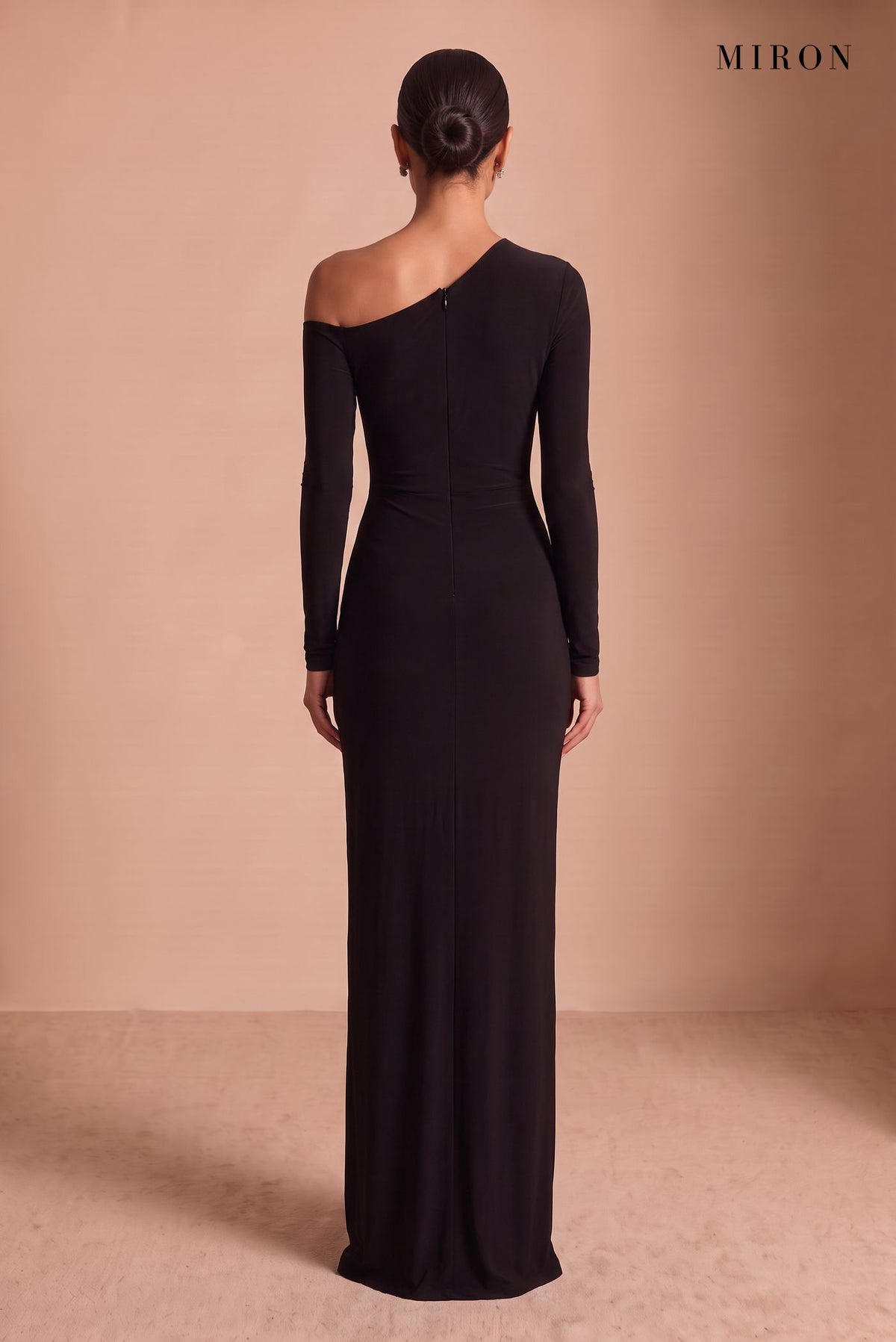 Black Crystal Brooch Off-Shoulder Gown – studio, back