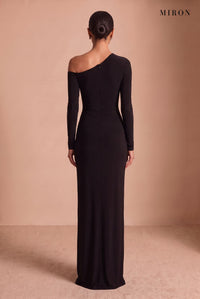Black Crystal Brooch Off-Shoulder Gown – studio, back