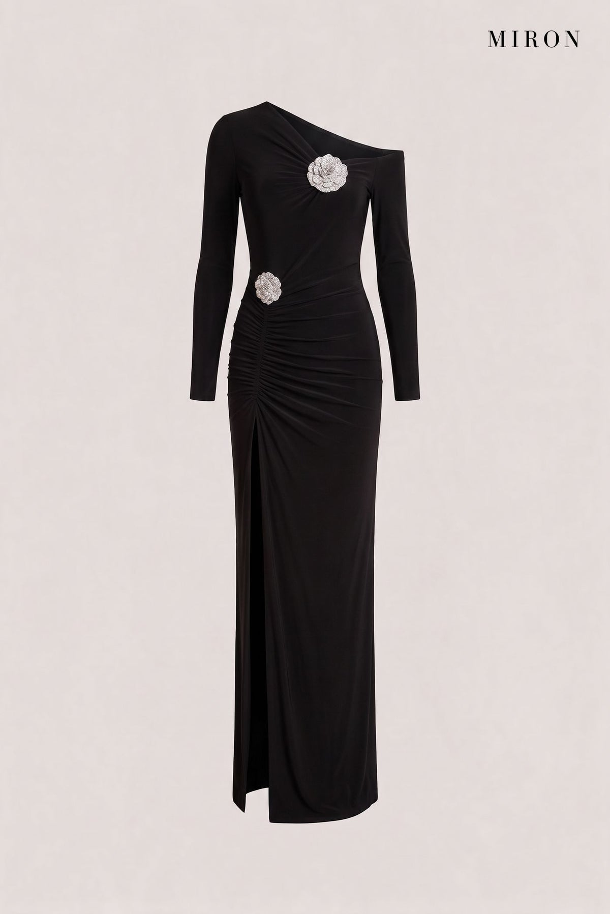 Black Crystal Brooch Off-Shoulder Gown – front view
