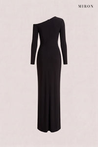 Black Crystal Brooch Off-Shoulder Gown – back view