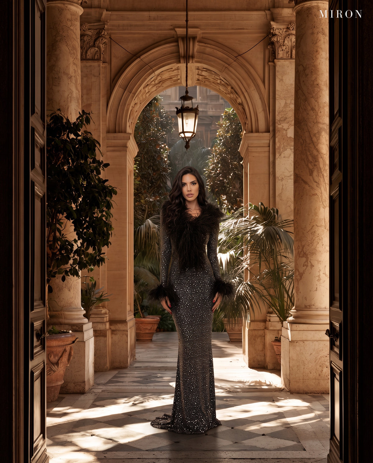 Crystals Embellished Dress W/Feathers