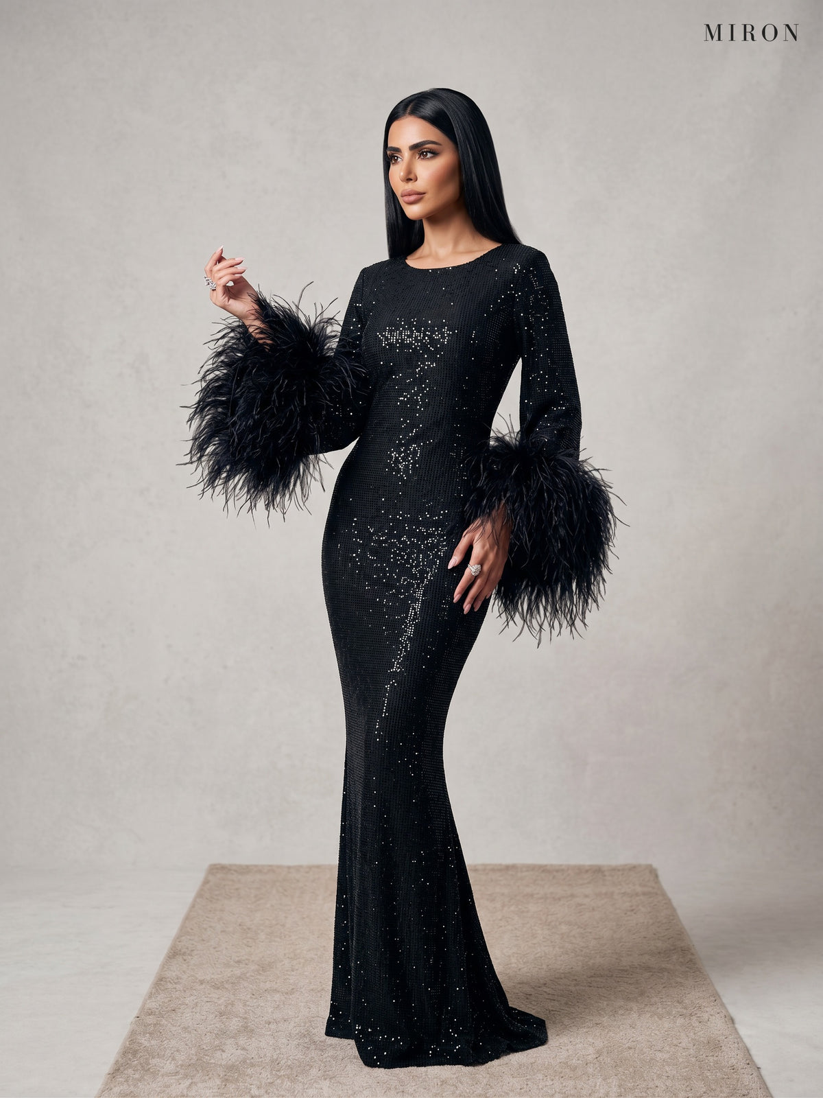 Miron Black Crystal-Embellished Feather Dress ED-BLK-099 – studio front view