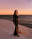 Miron Black Crystalized Dress ED-BLK-100 – sandstone terrace at sunset