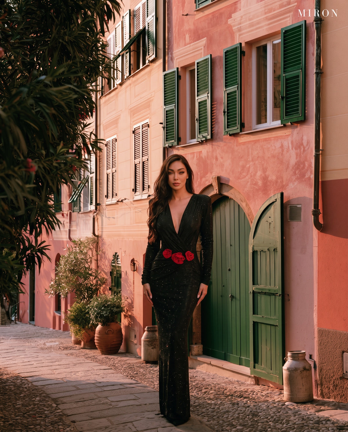 Miron Black Dress With Roses ED-BLK-102 – Portofino street