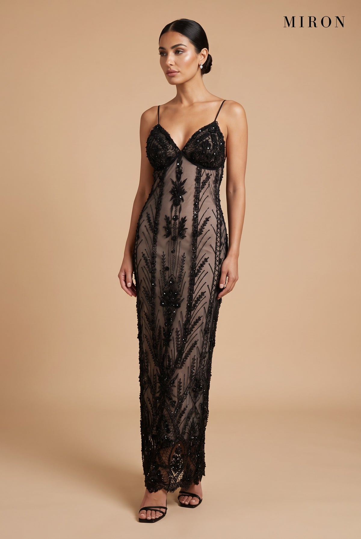 Black Crystal Tulle Long Dress – studio, front