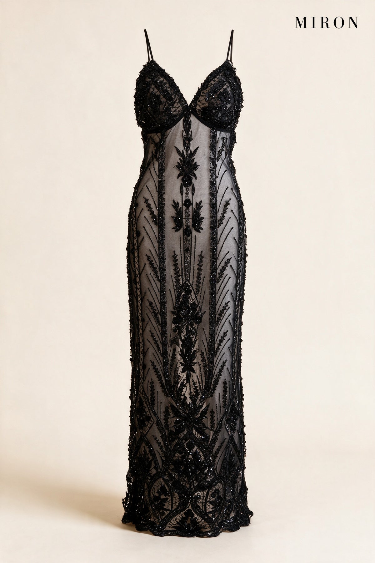 Black Crystal Tulle Long Dress – front view