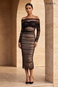 Black Off-Shoulder Tulle Crystal Dress – worn by model, travertine setting