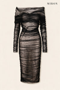 Black Off-Shoulder Tulle Crystal Dress – front view
