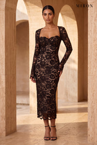 Black Lace Back-Slit Midi Dress – worn by model, travertine setting