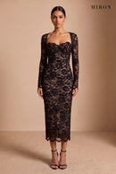 Black Lace Back-Slit Midi Dress – studio, front