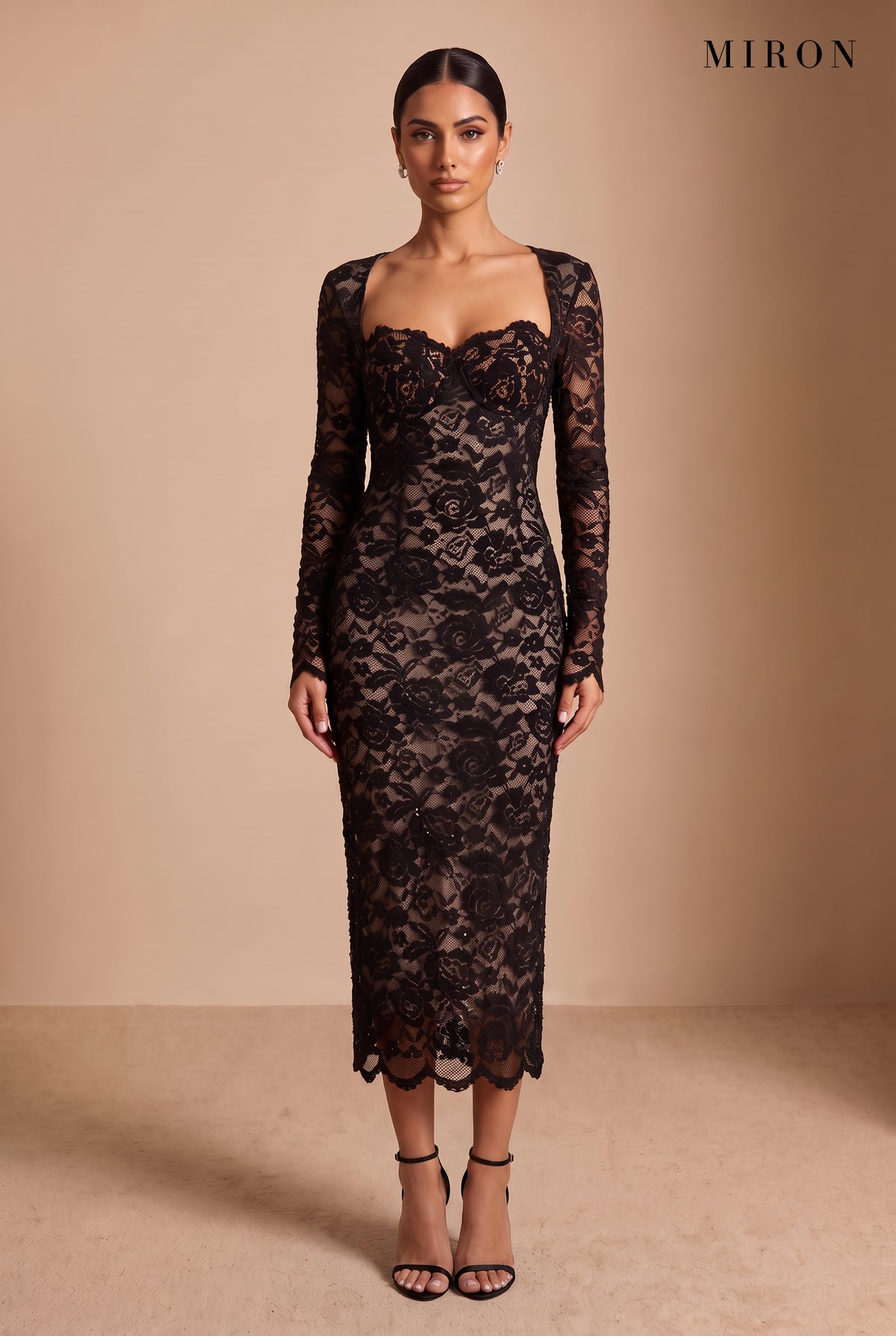 Black Lace Back-Slit Midi Dress – studio, front