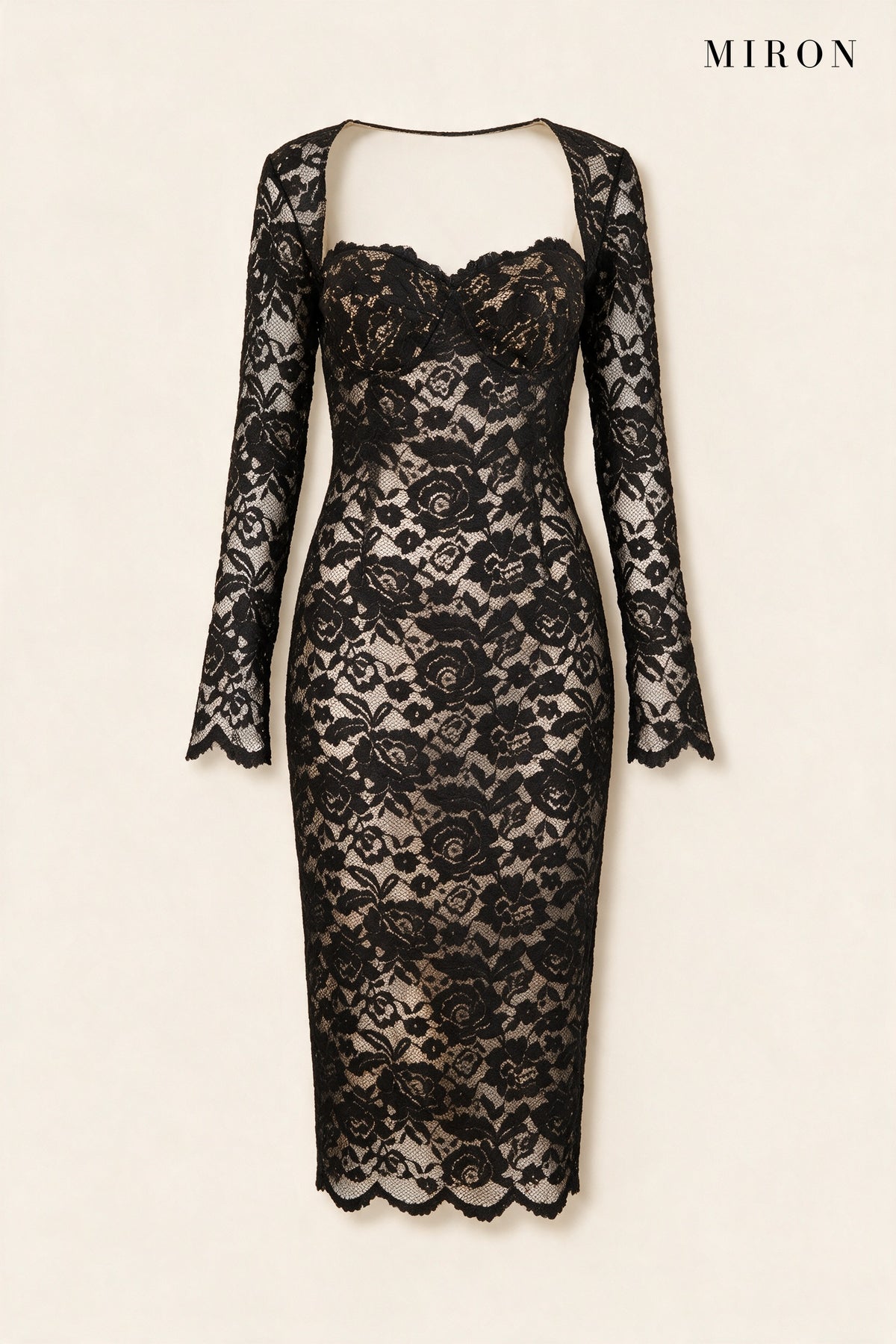 Black Lace Back-Slit Midi Dress – front view