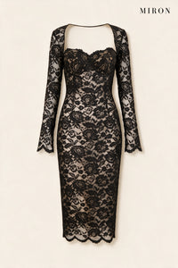 Black Lace Back-Slit Midi Dress – front view