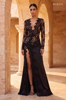 Black Lace & Satin Long Gown – worn by model, travertine setting
