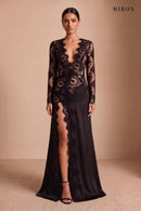 Black Lace & Satin Long Gown – studio, front