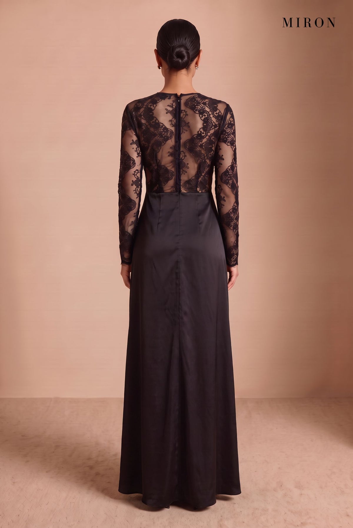 Black Lace & Satin Long Gown – studio, back