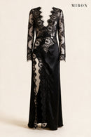 Black Lace & Satin Long Gown – front view