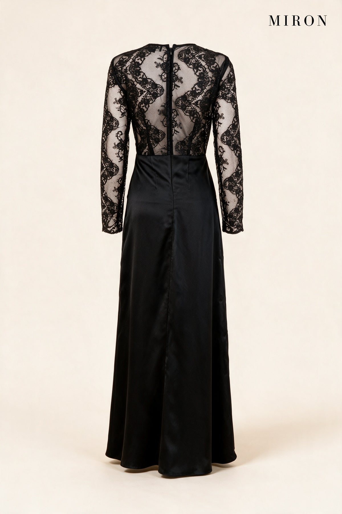 Black Lace & Satin Long Gown – back view
