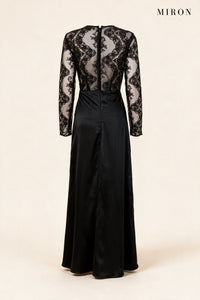 Black Lace & Satin Long Gown – back view