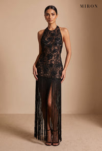 Black Lace Halter Tassel Dress – studio, front