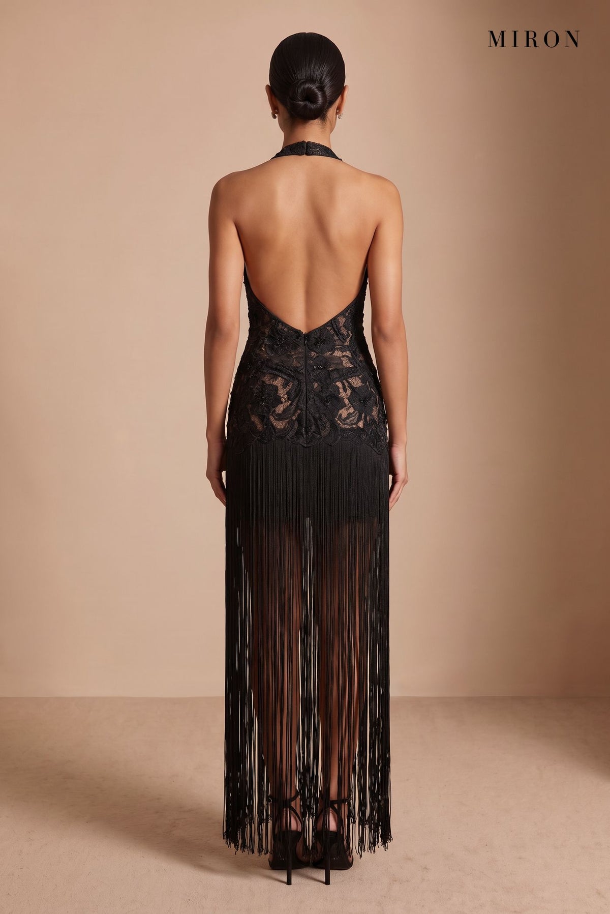 Black Lace Halter Tassel Dress – studio, back