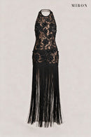 Black Lace Halter Tassel Dress – front view