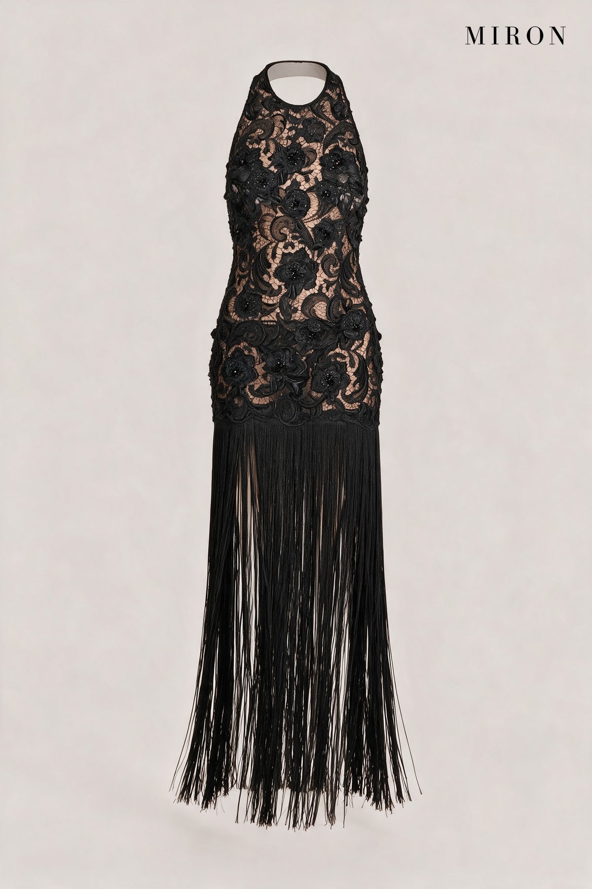 Black Lace Halter Tassel Dress – front view
