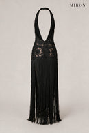 Black Lace Halter Tassel Dress – back view