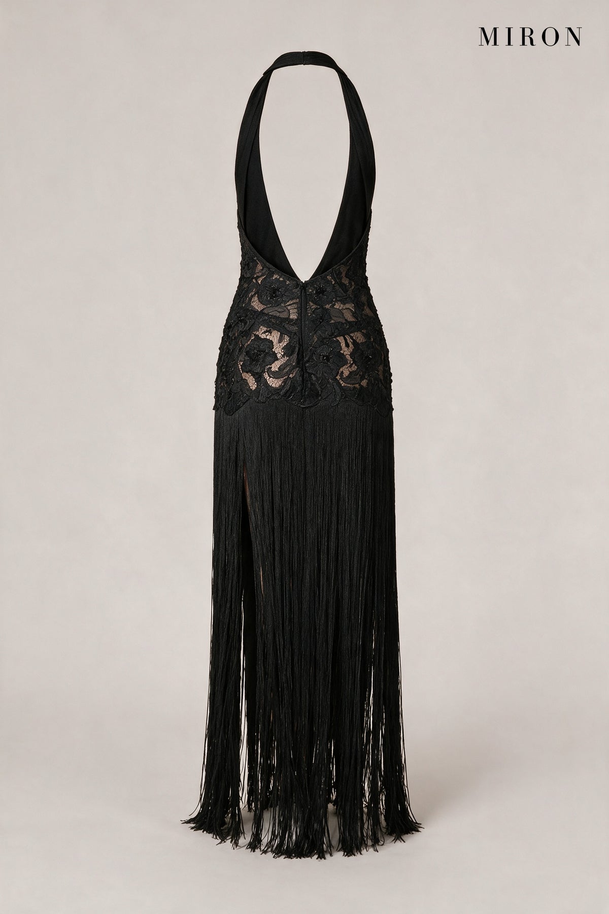 Black Lace Halter Tassel Dress – back view