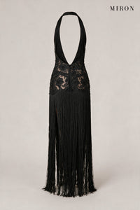 Black Lace Halter Tassel Dress – back view
