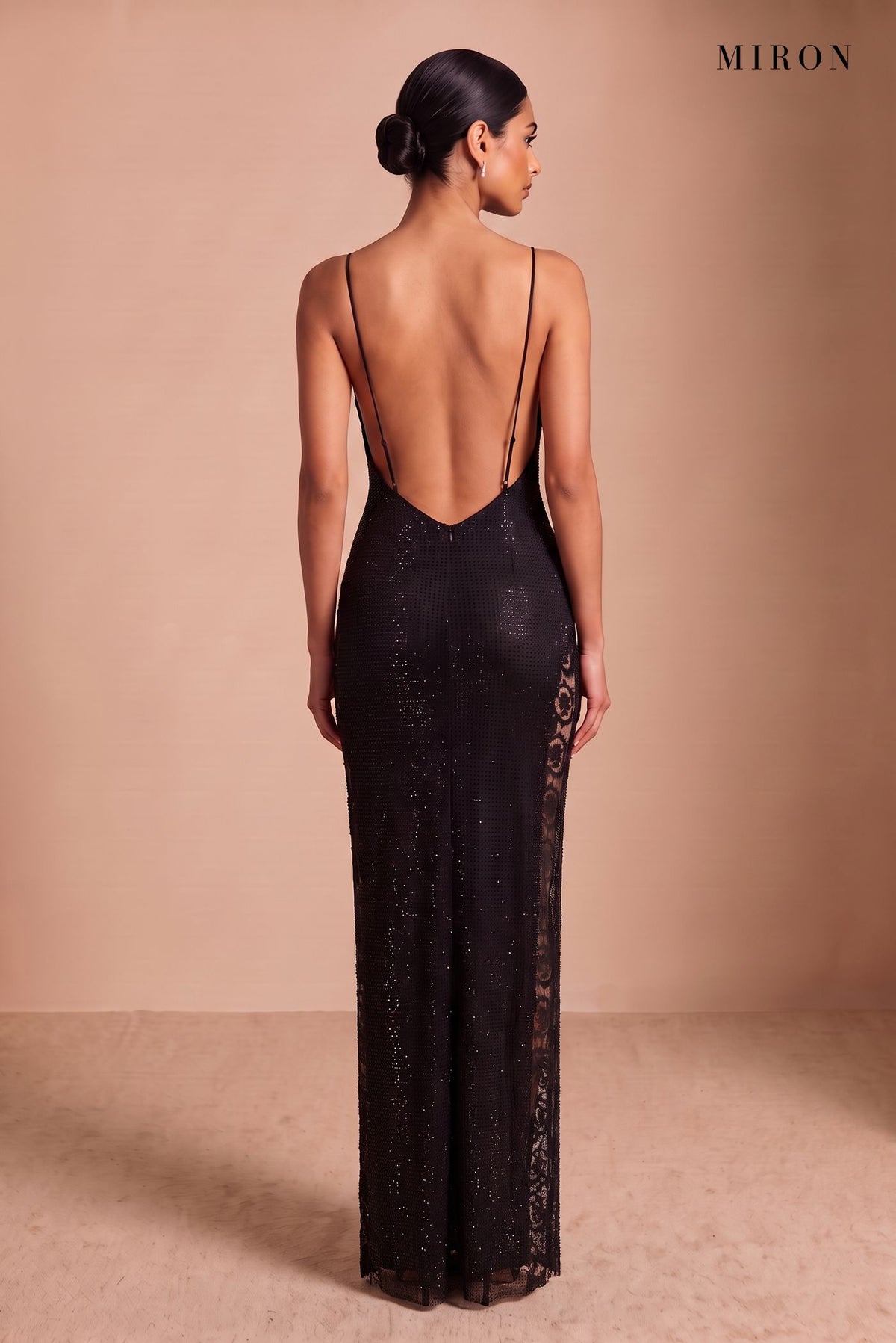 Black Crystal Lace-Panel Gown – studio, back