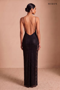 Black Crystal Lace-Panel Gown – studio, back