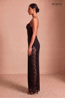 Black Crystal Lace-Panel Gown, side view of the lace panel
