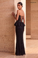 Black Lace Corset Peplum & Long Skirt – worn by model, travertine setting