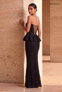 Black Lace Corset Peplum & Long Skirt – worn by model, travertine setting