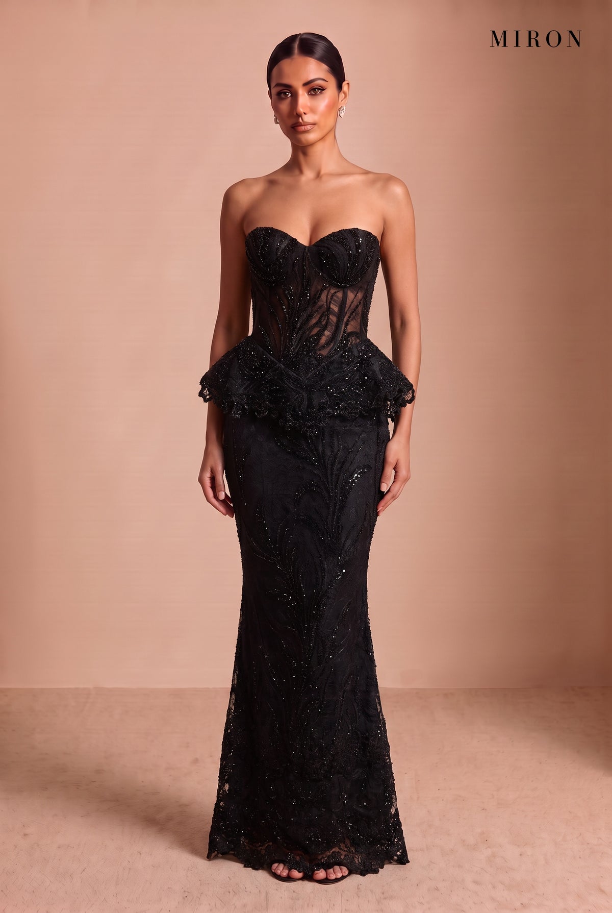 Black Lace Corset Peplum & Long Skirt – studio, front