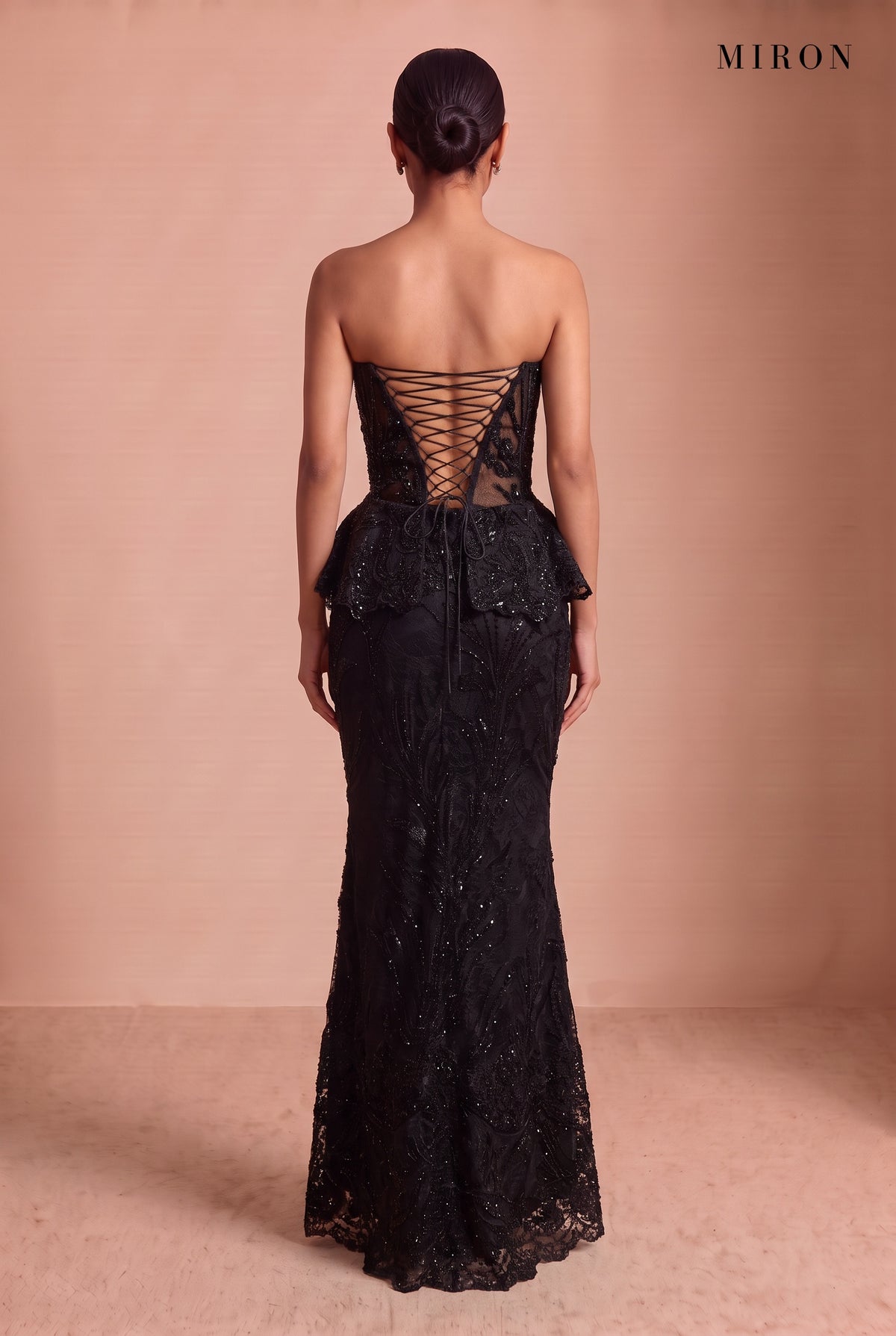 Black Lace Corset Peplum & Long Skirt – studio, back