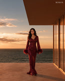 Miron Burgundy Dress With Feathers ED-BRD-016 – terrace at sunset