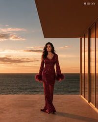 Miron Burgundy Dress With Feathers ED-BRD-016 – terrace at sunset