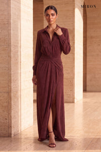 Burgundy Cupro Shirt Dress – worn by model, travertine setting