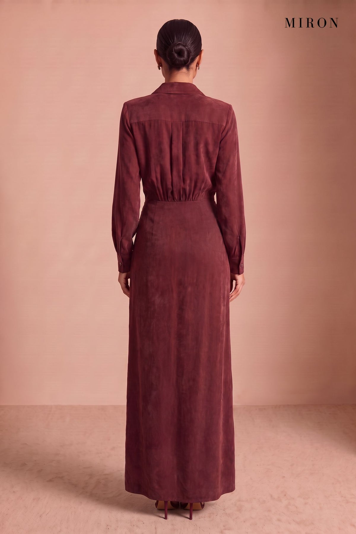 Burgundy Cupro Shirt Dress – studio, back
