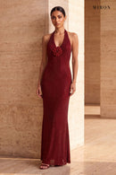 Burgundy Crystal Rose Halter Gown – worn by model, travertine setting