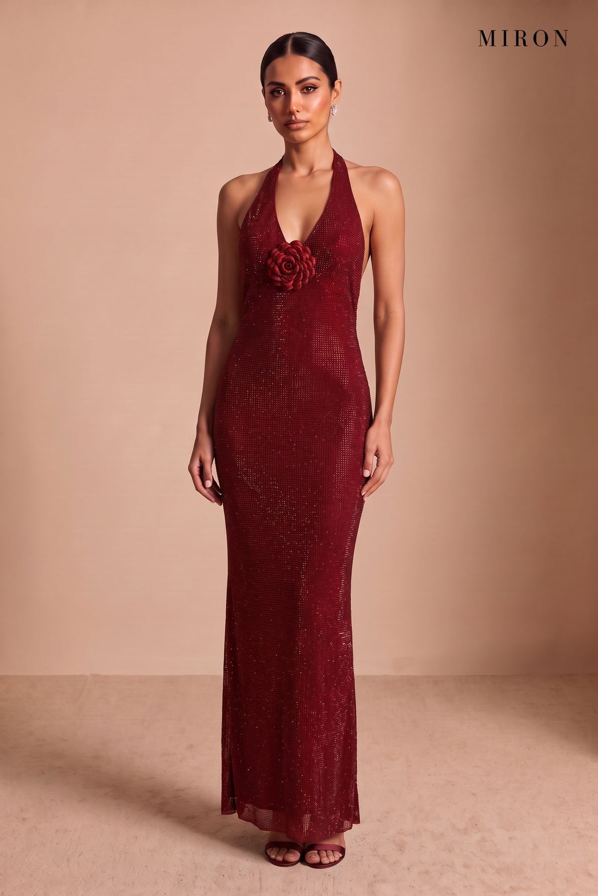 Burgundy Crystal Rose Halter Gown – studio, front